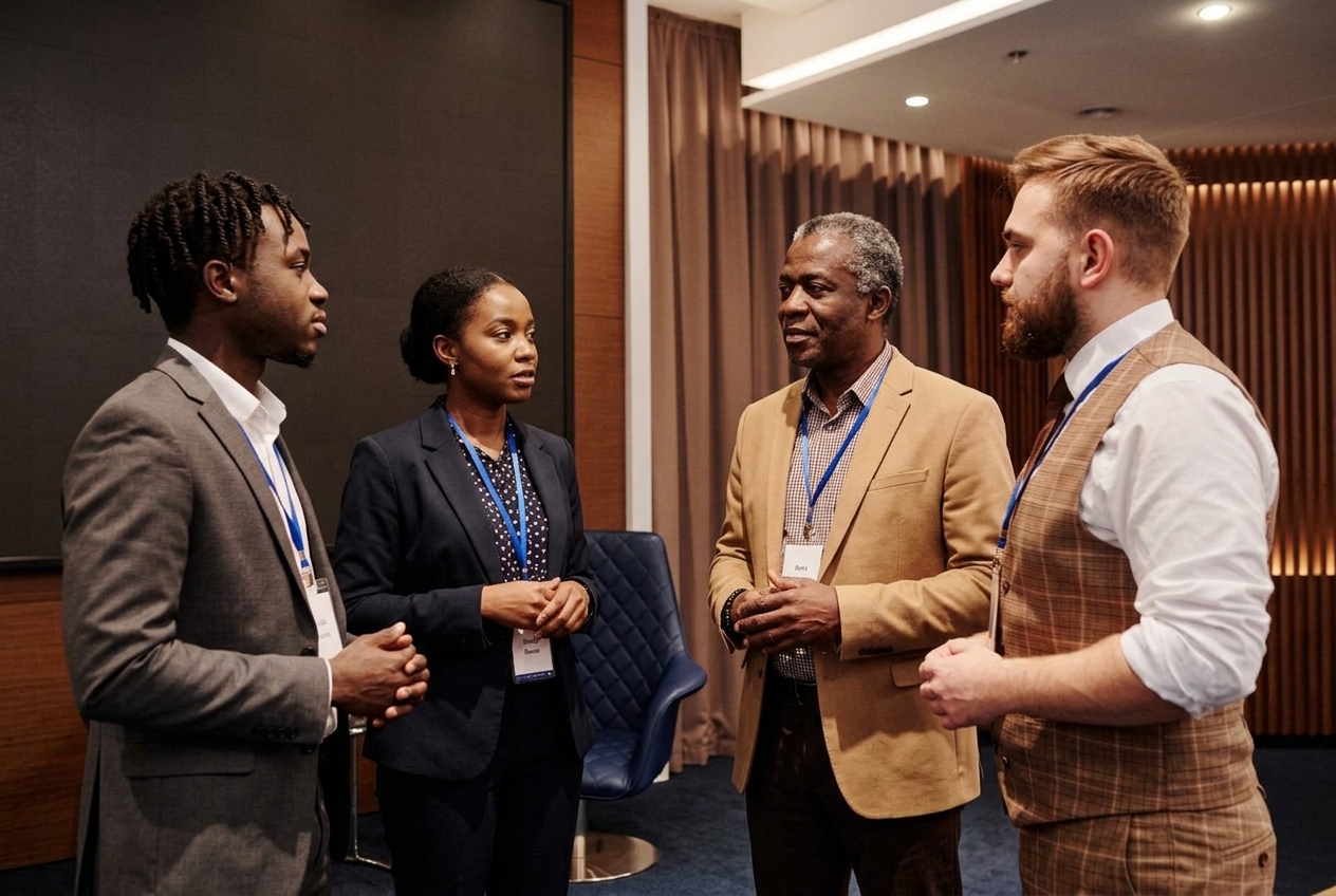 nlc-join-side-diverse-800×533 Four conference attendees having a conversation.